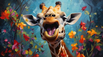 Wall Mural - Giraffe with fantasy forest colorful butterflies and flowers background. Generative AI