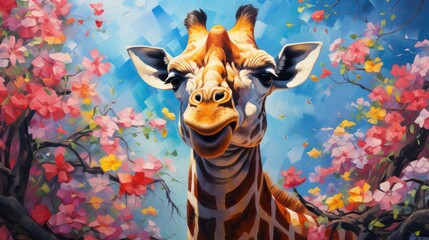 Wall Mural - Giraffe with fantasy forest colorful butterflies and flowers background. Generative AI