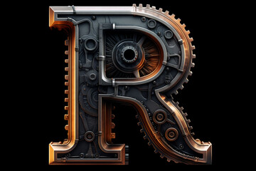 Wall Mural - Shiny metal alphabet with gears and rivets isolated on black background, capital letter R, metallic 3D steampunk font design, creative retro abc for poster, wallpaper, movie. Generative AI.