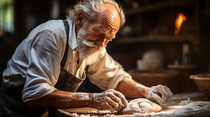 Wall Mural - One senior old confident man prepare bread at bakery