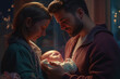 A young couple looking at their newborn baby. A beautiful moment of creating a common family. Generative Ai, Ai.