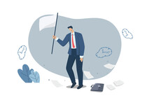 Stop The Idea Of Giving Up To The Obstacles In The Business Path. Businessman Holding White Flag Surrender With Sadness. Vector Design Illustration.