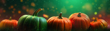 Halloween Postcard With Orange And Green Pumpkins On Dark Bokeh Background. Copy Space. Banner, Card. Generative AI
