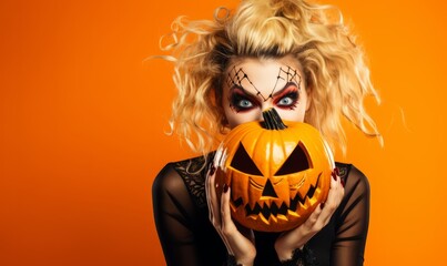 Woman with halloween makeup holding carved pumpkin on a orange background