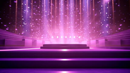 Festive empty purple stage or podium for product presentation, background with shiny glow beams lights and bokeh. Generative AI	