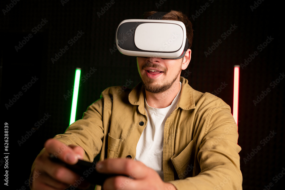 Virtual reality glass vr. Young man in digital glasses for 3d virtual ...