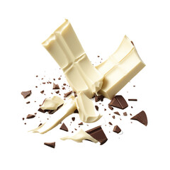 Poster - Broken pieces of delicious white chocolate on a white background.