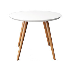 Poster - Round coffee table with wooden legs on a white background.