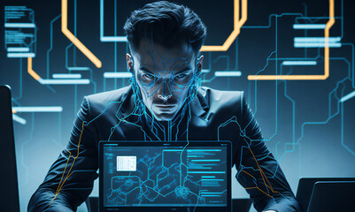 Poster - Man and cyber technologies. The evolution of employee development. Relationship between human and computer. AI Generative