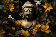 Buddha Statue With Yellow Flowers On Black Background.Generative Ai