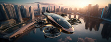 Futuristic Manned Roto Passenger Drone Flying In The Sky Over Modern City For Future Air Transportation And Robotaxi Concept As Wide Banner With Copy Space Area - Generative AI