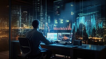 A Solitary Trader Studies Stock Market Graphs On Expansive Multi Monitor Workstations, Employing Mobile App Analytics For Cryptocurrency And Investment Growth Chart Analysis. AI Generative.
