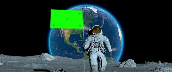 lunar astronaut walks on the moon with green screen flag, placing a flag pole on the moon surface, a