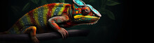 Banner With Rainbow Chameleon On Natural Background. Copy Space. Generative AI