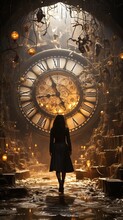 A Woman Standing In Front Of A Large Clock. Generative AI Art.