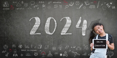 2024 online class, new school year academic calendar with student girl kid with e-learning digital tablet on teacher's green chalkboard for educational celebration, back to school, STEM education