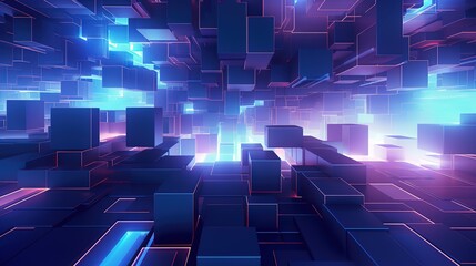 blue and lilac blocks with neon lines and glowing background futuristic illustration abstract 3d geo