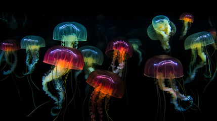Wall Mural - glowing sea jellyfishes on dark background, neural network generated image