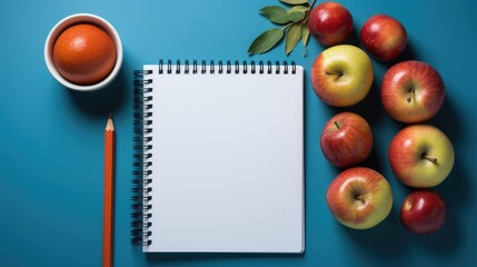 Sticker - An empty notebook with an apple and various stationery on a blue background generated by AI