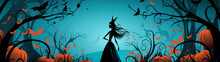 Dark Halloween Banner With Cute Scary Witch On Blue Background. Postcard, Card. Generative AI