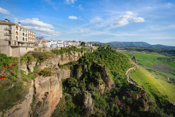 Sticker - View of Ronda Buildings over the Cliff with Walls and Valley - Ronda, Andalusia, Spain