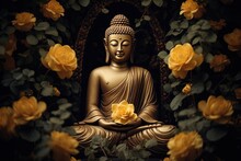 Buddha Statue With Yellow Flowers On Black Background