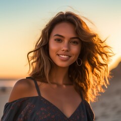 Wall Mural - Happy Beautiful young woman is smiilng on the beach. 