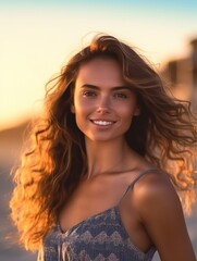 Wall Mural - Happy Beautiful young woman is smiilng on the beach. 