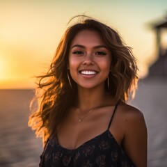 Wall Mural - Happy Beautiful young woman is smiilng on the beach. 