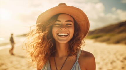 Wall Mural - Happy Beautiful young woman is smiilng on the beach. 