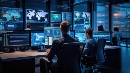 Network operations center ( NOC) with technicians monitoring network traffic, troubleshooting issues, and ensuring network performance