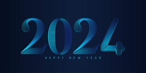 Aufkleber - Happy New Year 2024 modern text vector luxury design blue color line on dark  background. Happy new year banner. 3d Hand drawn, handwritten numbers.