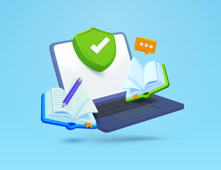 3d laptop with green check mark, shield, opened books, pencil, thinking or chat bubble, isolated on background. Concept for education, online learning, safe connection, study. 3d vector illustration