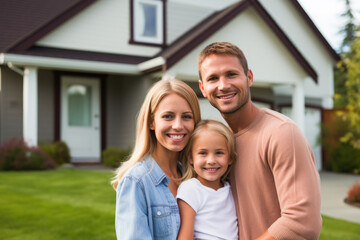 Family in front of newly purchased house, smiling proudly. Home ownership, real estate and a life goal accomplishment