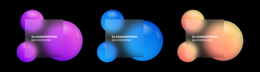 Poster - glassmorphism background banner with transparent glass frame template . Realistic Frosted glass morphism effect with blurred abstract gradient orange, purple, blue circle shapes. Vector illustration