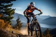 Leinwandbild Motiv Mountain biking woman riding on bike in summer mountains forest landscape. Generative AI