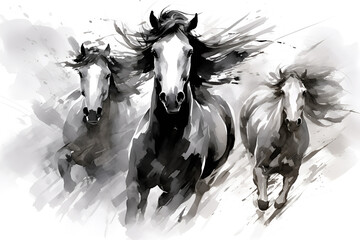 Horse illustration with Chinese brush stroke calligraphy in black and grey drawing inking