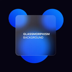 Poster - glassmorphism background banner with transparent glass frame template . Realistic Frosted glass morphism effect with blurred abstract gradient blue circle shapes. Vector illustration