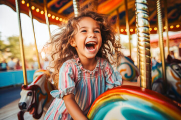 a happy young girl expressing excitement while on a colorful carousel, merry-go-round, having fun at