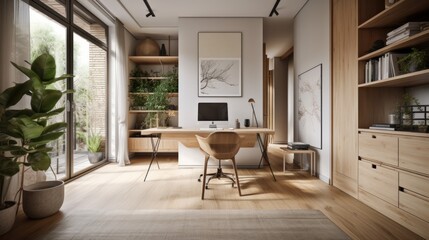 Wall Mural - Modern study room area home interior design and decoration ideas house beautiful background,home studio with natural day light,ai generate