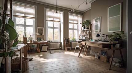 Wall Mural - Modern study room area home interior design and decoration ideas house beautiful background,home studio with natural day light,ai generate