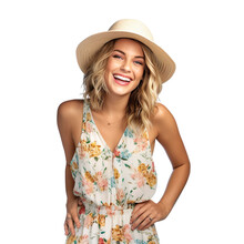 Woman Dressed In A Floral Print Romper, A Straw Hat, Isolated On A Transparent White Background 