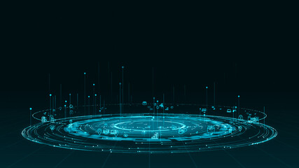 Poster - blue digital particle ring circle rotation with ai technology icon on futuristic abstract background