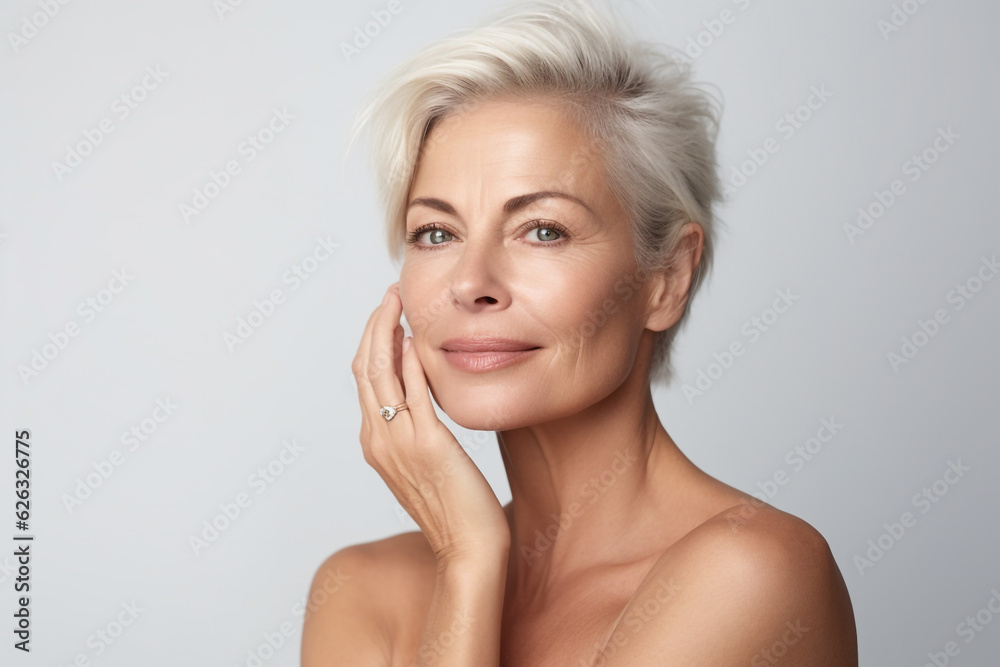 Gorgeous mid aged woman touching her cheek, natural light, skincare advertisement, on a white background, cosmetology concept