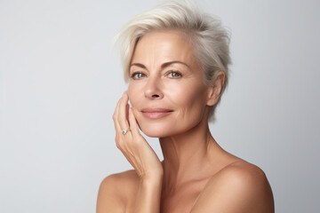 gorgeous mid aged woman touching her cheek, natural light, skincare advertisement, on a white backgr