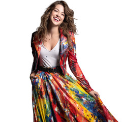 Wall Mural - woman dressed in  vibrant floral print maxi dress with splashes of red, yellow, and blue, a leather jacket,  isolated on a transparent white background 