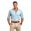 © SuperPixel Inc - man dressed in beige linen pants, light blue linen shirt with a checkered design isolated on a transparent white background
