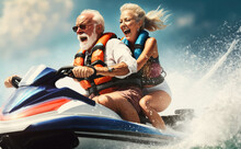 Closeup Side View Of A Senior Couple Riding A Jet Ski On A Sunny Summer Day At Open Sea. The Man Is Driving Quickly Through The Waves, And The Lady Is Hardly Holding On, Generative AI