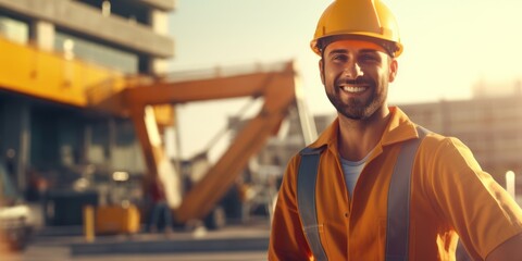 Beatiful confidence man builder worker in uniform and safety helmet smilling. Labour day. 