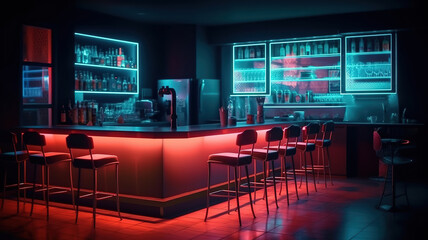 Wall Mural - Bar counter with chairs in empty comfortable restaurant at night. Generative Ai